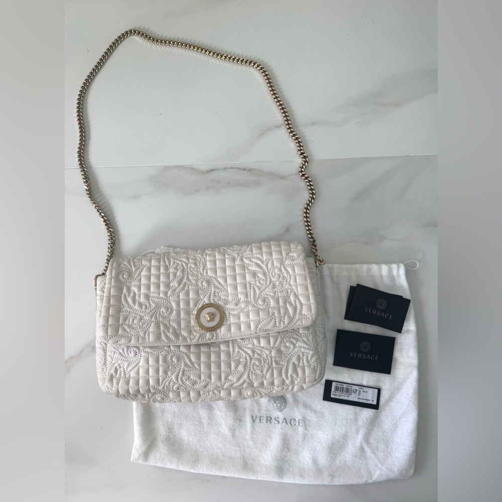 Versace Napa Vanitas White Leather Bag Versace large bag Gold Hardware & Dustbag